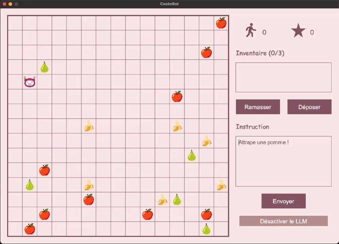 Un aperçu du jeu CookoBot tel que les étudiants le reçoivent, puis du résultat attendu avec des instructions en langage naturel.
